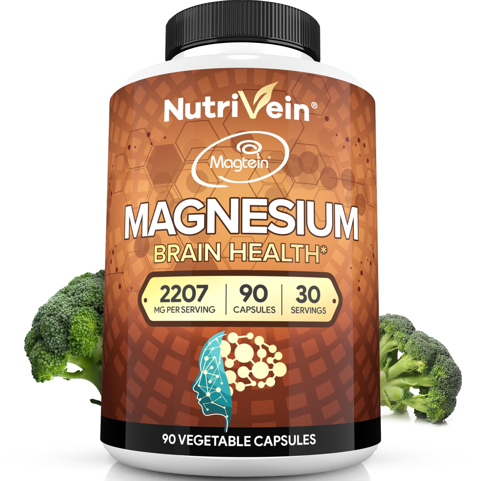 Nutrivein Premium Magtein Magnesium L-Threonate Supplement 2207 mg - 90 Caps (3 a Day): High-Absorption Magnesium Threonate for Brain, Sleep, Mood & Recovery