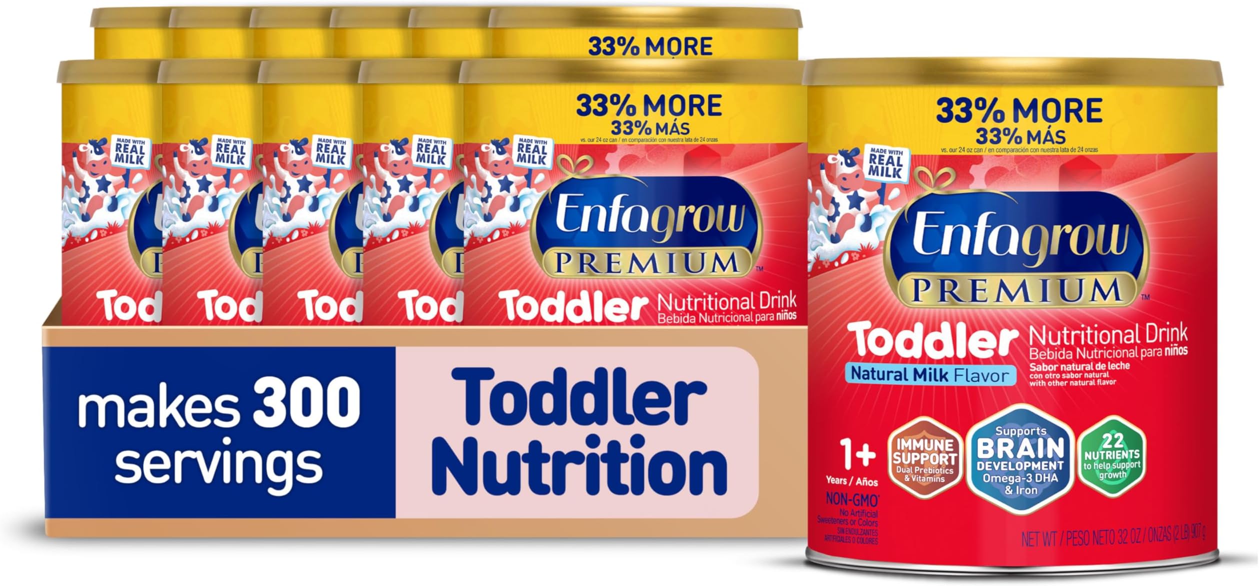 EnfagrowPREMIUM Toddler Nutritional Drink, Made with Real Milk, Brain-Building Omega-3 DHA, Nutrients and Prebiotics for Growth & Immune Support, Non-GMO, Toddler Milk Powder, 32 Oz Can, Pack of 12