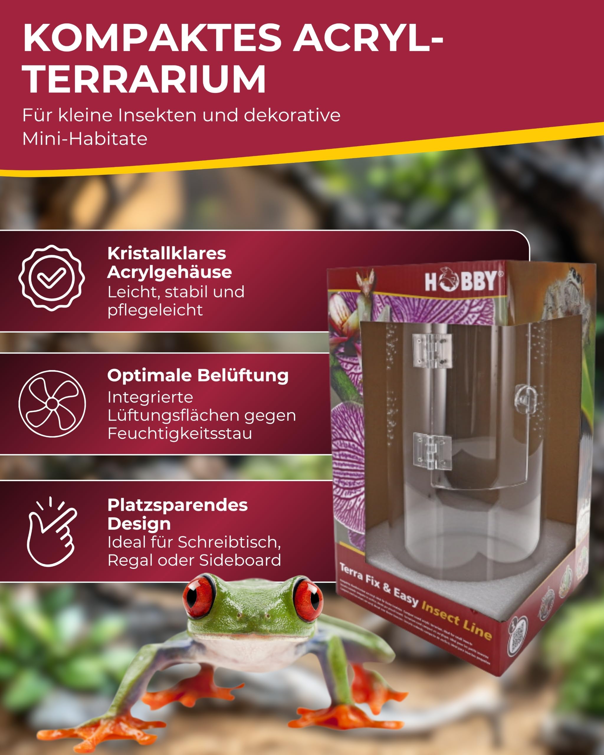 Hobby Terraristik Terra Fix & Easy Insect Line I 15 x 15 x 30 cm I Rundes Acryl-Terrarium I 360° Mini-Terrarium für kleine Insekten I kompaktes Insekten-Habitat inkl. Drainagegrund