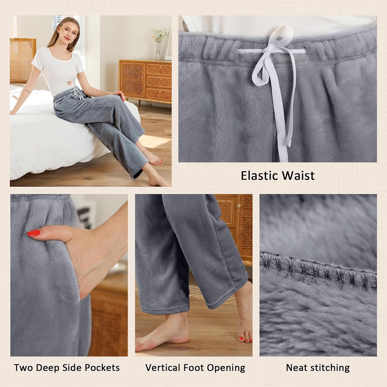 LYCY Womens Fleece Pajama Pants, Drawstring Lounge Pjs Plush Bottoms Warm Sleepwear with Pockets Comfy Winter - Image 3