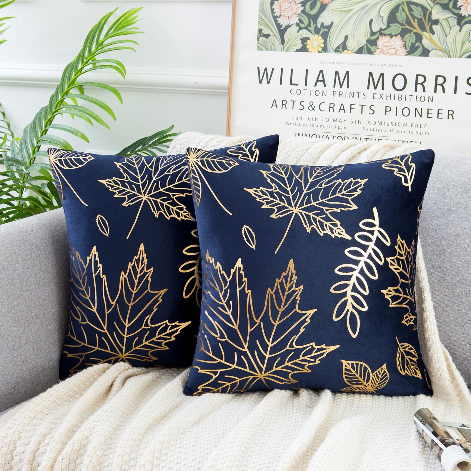 Cushion Cover 40 x 40 cm Velvet Dark Blue Cushion Covers Gold Leaf Hot Embossing 2 Set Soft Square Blue Decorative Cushion Cover for Modern Homes Couch Sofa Bedroom Living Room Car 40 x 40 cm