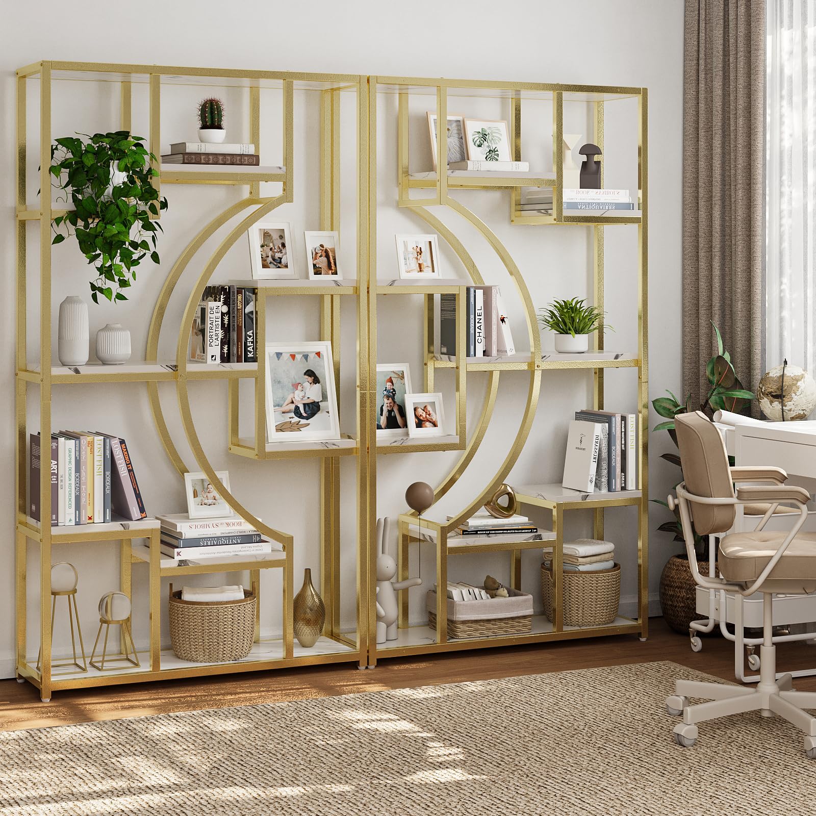 HolliWill Modern Book Shelf, White and Gold Bookshelf, 70.8 Inch Tall Etagere Bookcase, Set of 2 Geometric Display Shelves for Living Room, Bookcases/