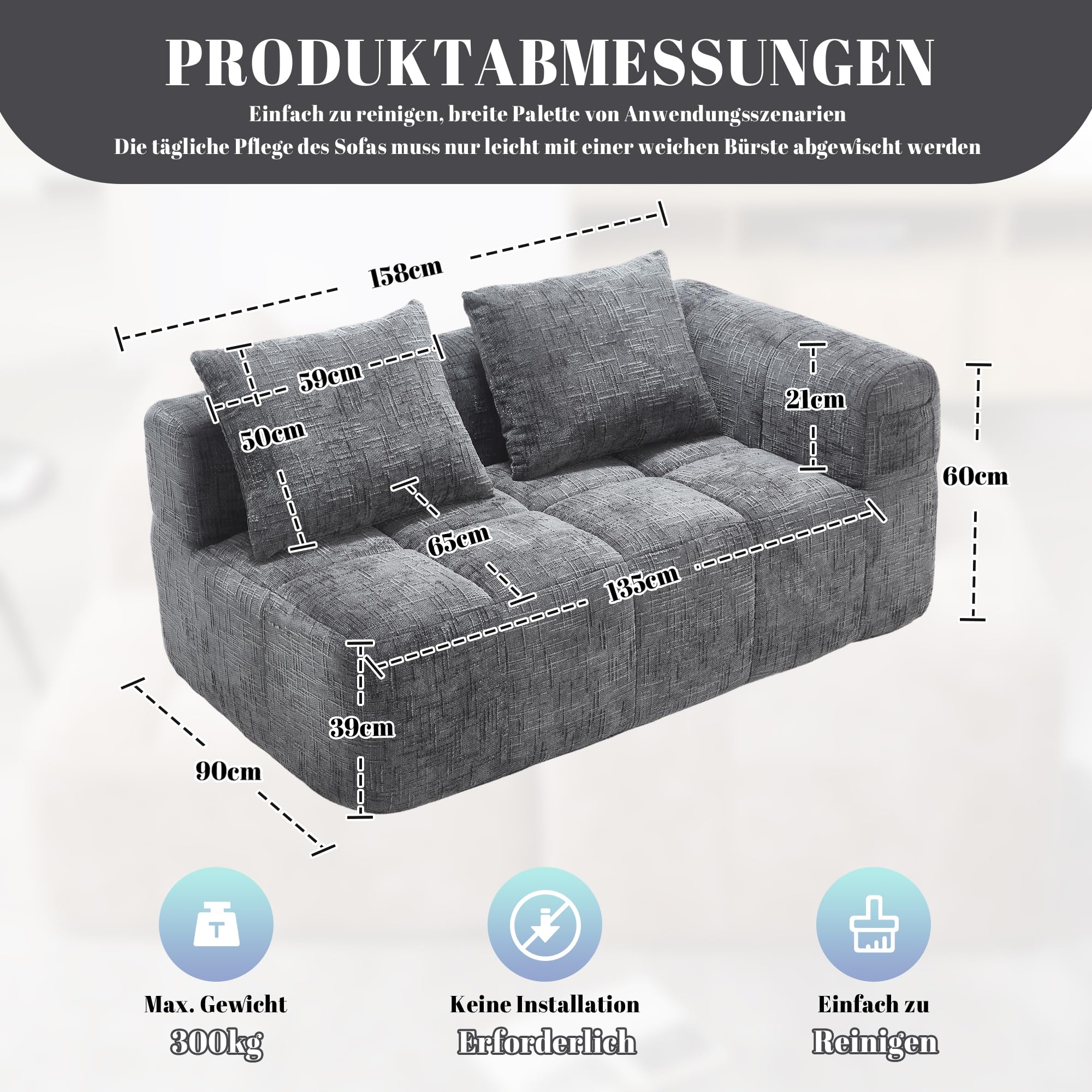 YESGIGA Bequemes Chaiselongue-Sofa, kein Zusammenbau erforderlich, weiches Sofa mit Kissen, Seitentaschen für Fernbedienung und Mobiltelefon (Grau 2 Sitzer)