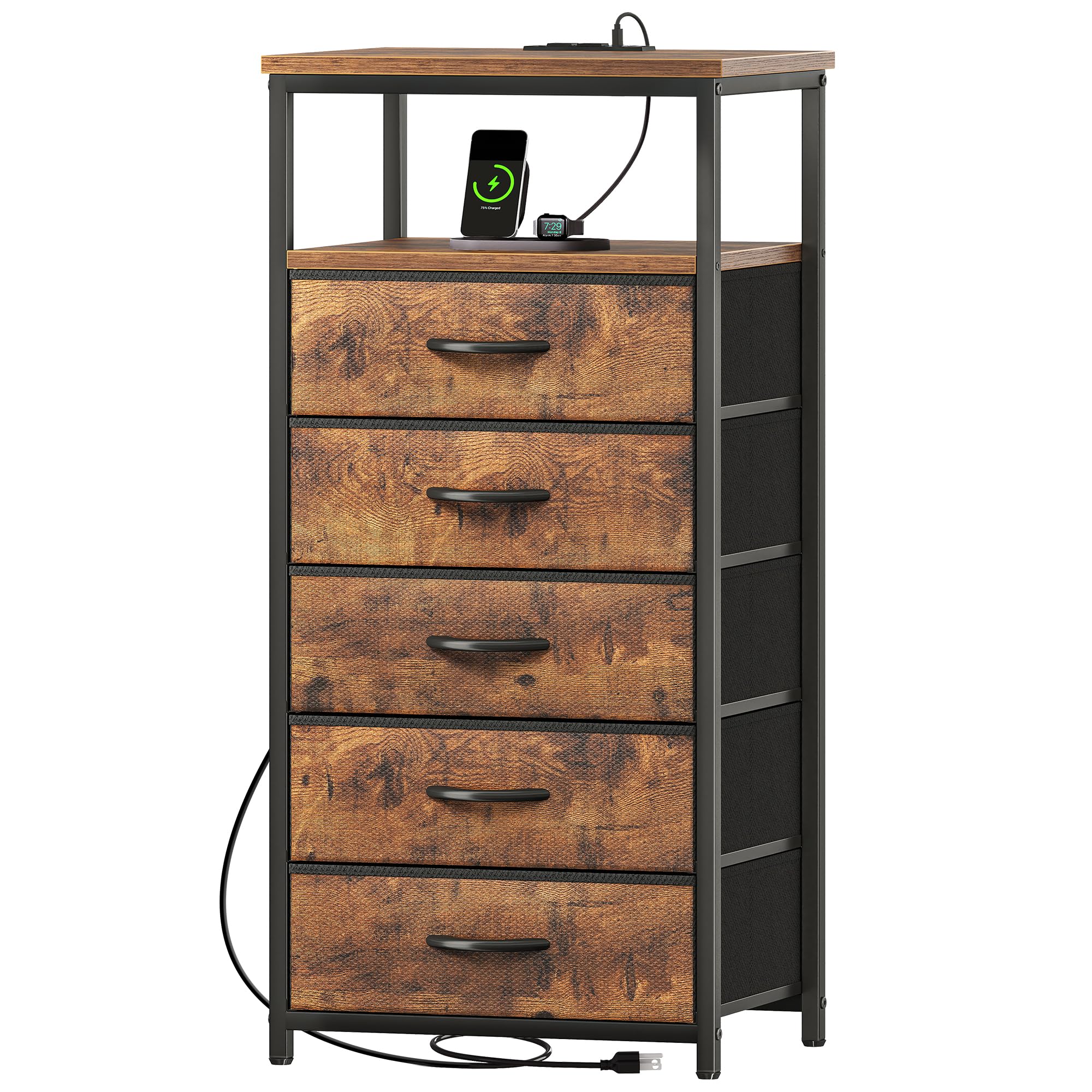 Comò Yoobure A 5 Cassetti Con Stazione Di Ricarica E Luci LED - Nero, Dimensioni 39x30x91 Cm - Cassettiera In Tessuto Per Camera Da Letto E Dormitorio