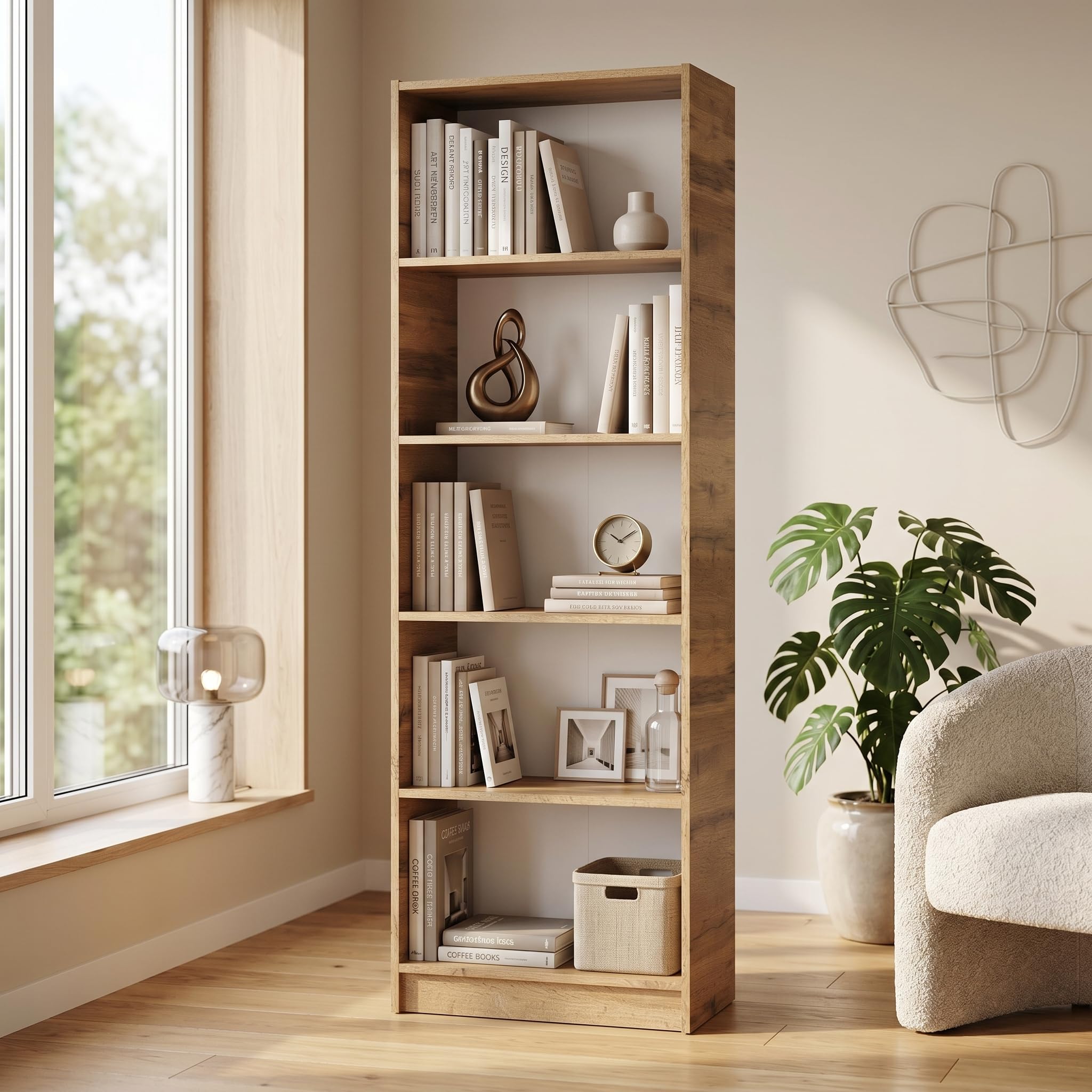 Happy Babies Libreria bianca, larghezza 60 cm, scaffale alto per raccoglitori, scaffale aperto con 5 ripiani, scaffale per raccoglitori, armadio multiuso (rovere Votan)