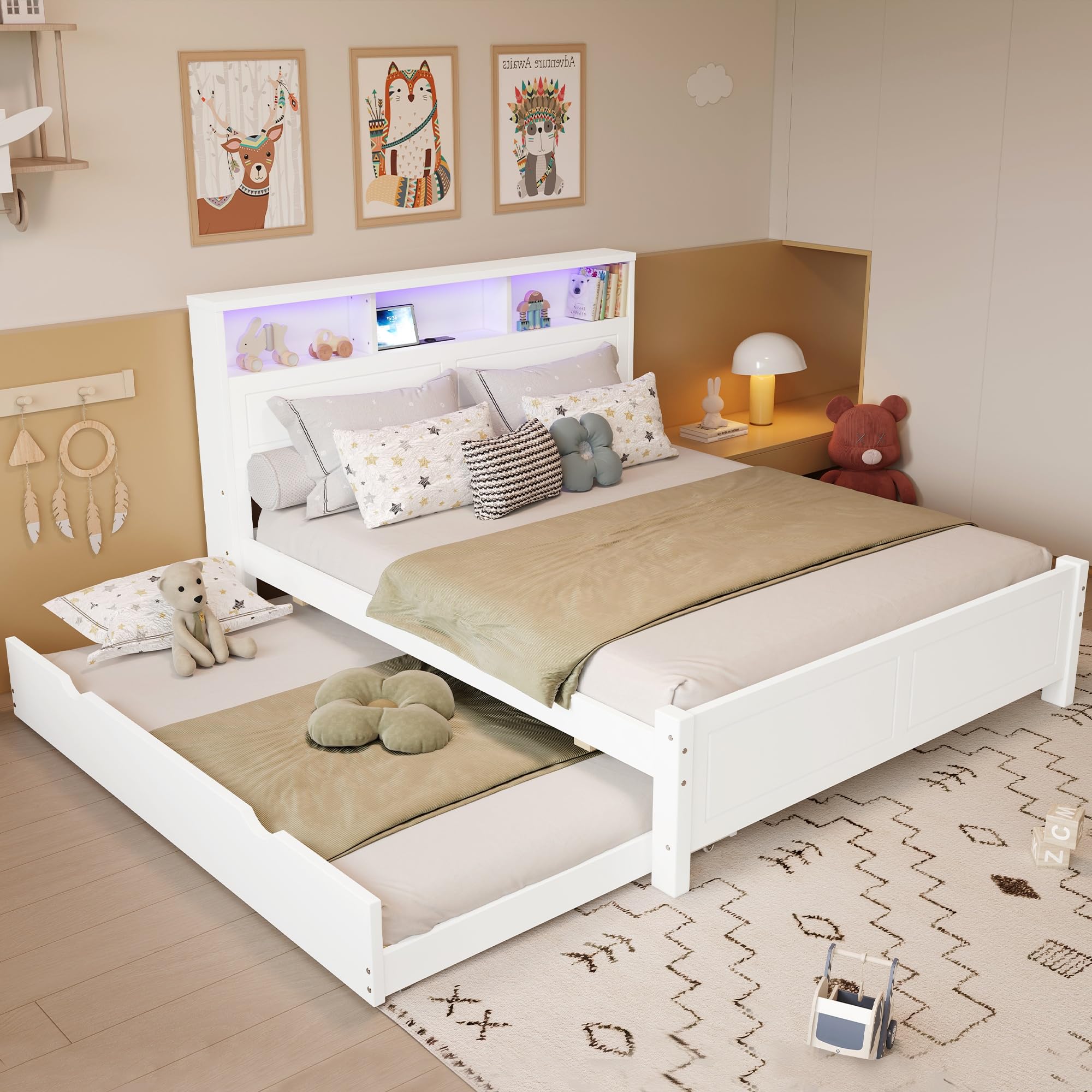 Cama doble con cama nido de color blanco, pino y tablero de fibra de densidad media, 120 x 200 cm y 90 x 190 cm, con tira de luz LED, toma de carga, almacenamiento de cabecero