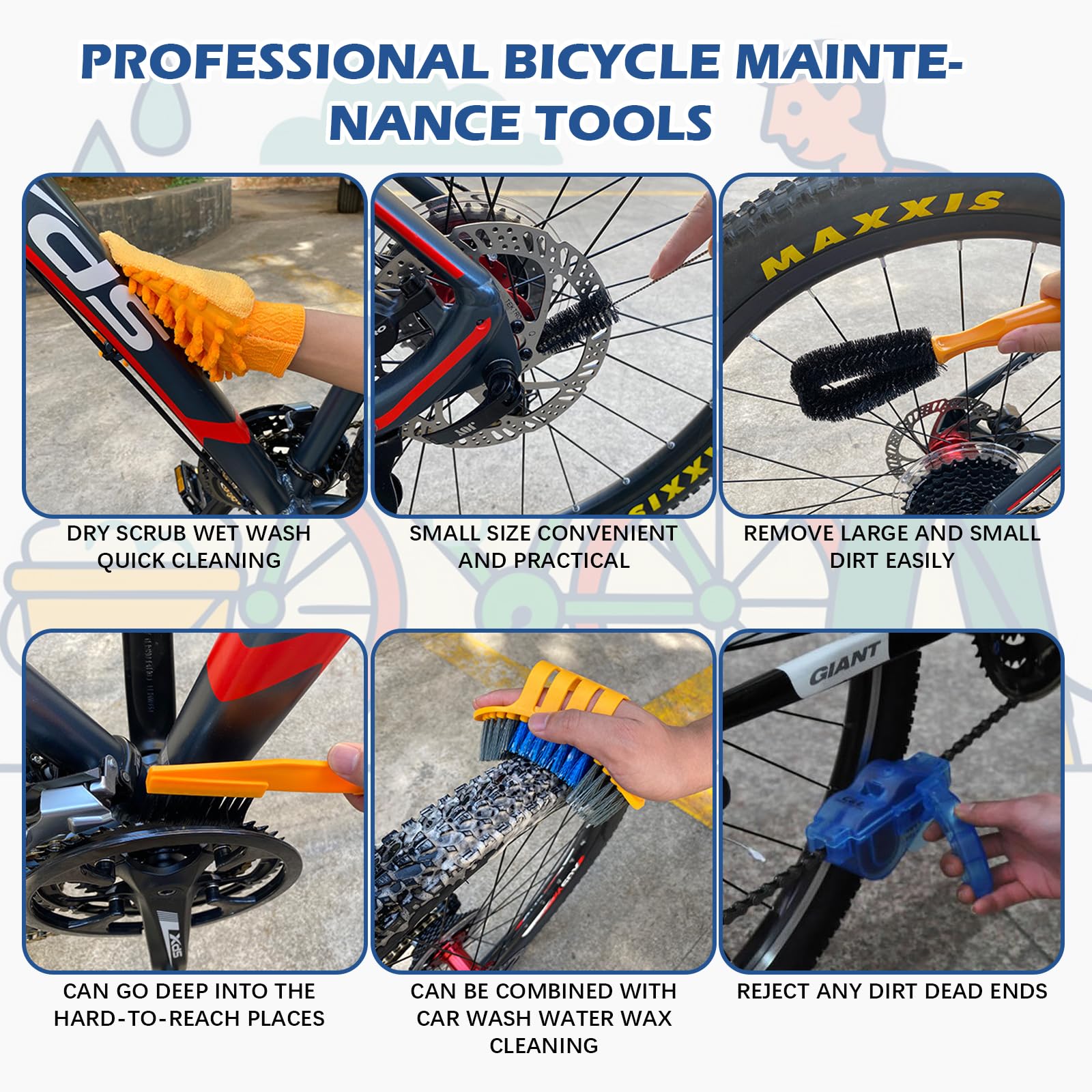 Set da 10 spazzole per la pulizia della bicicletta, set per la pulizia della moto, accessori per moto, per pulire pedivelle, catena, pneumatici e ingranaggi della bicicletta