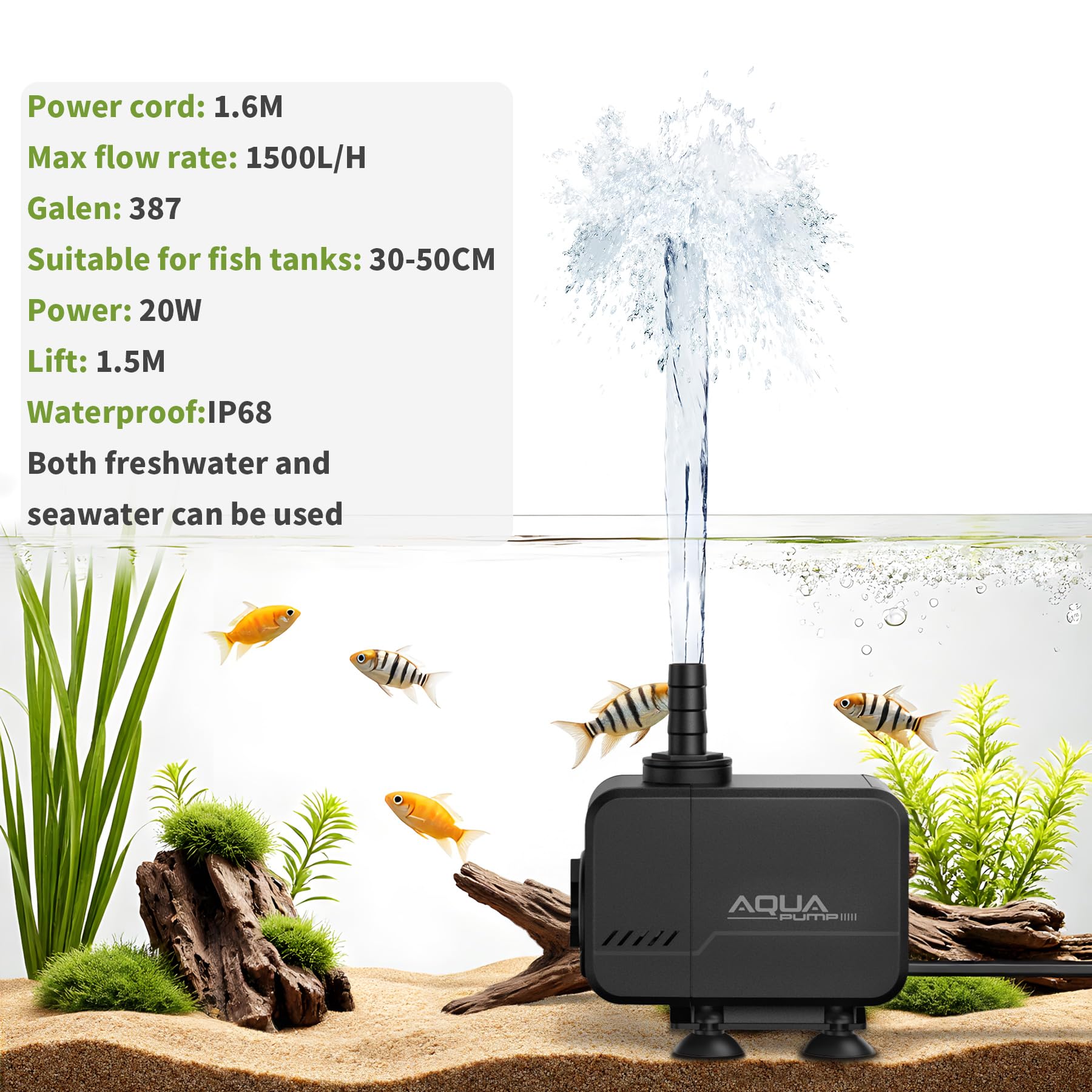 Forever Speed Pompa do akwarium Pompa do stawu regulowana Pompy do nurkowania 1500L/H do akwarium Teich Brunnen Ogród Akwarium z 12 kolorowymi lampkami LED, Max Förderhöhe 1.5M