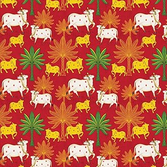 Wallpaper Self Adhesive Wall Covering Festive Cows and Palm Trees on Red Background (41cm x 244cm)