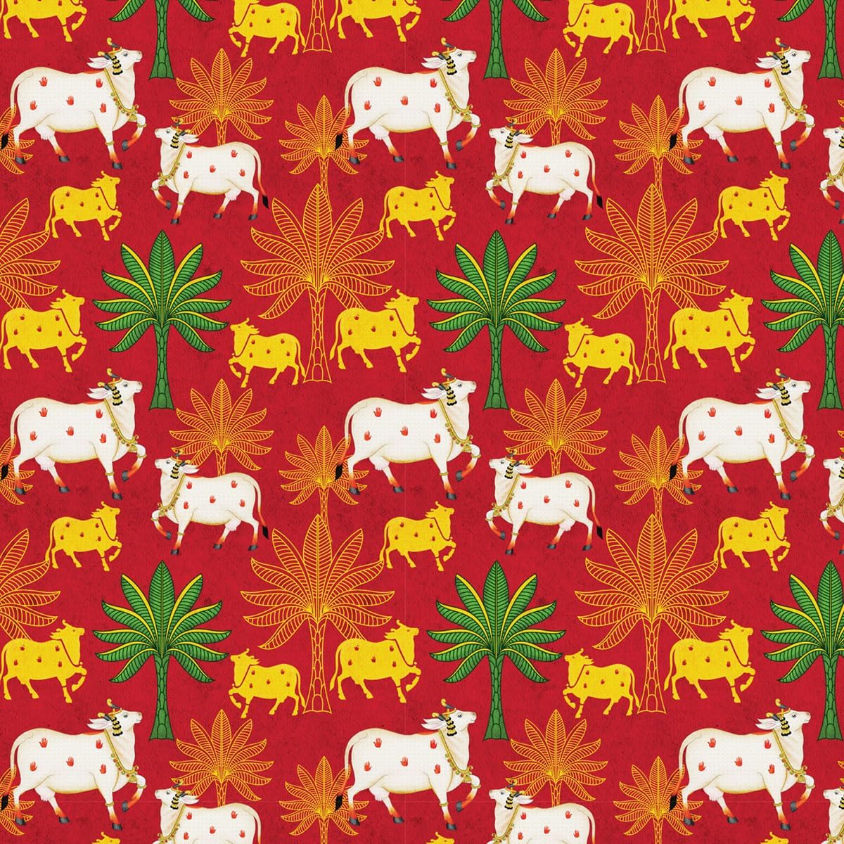Wallpaper Self Adhesive Wall Covering Festive Cows and Palm Trees on Red Background (41cm x 244cm)