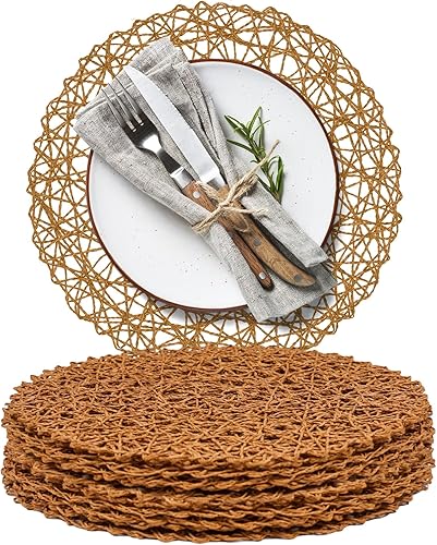 AHHFSMEI Juego de 12 manteles individuales redondos de papel trenzado, naturales, antideslizantes, resistentes al calor, para mesas de comedor,