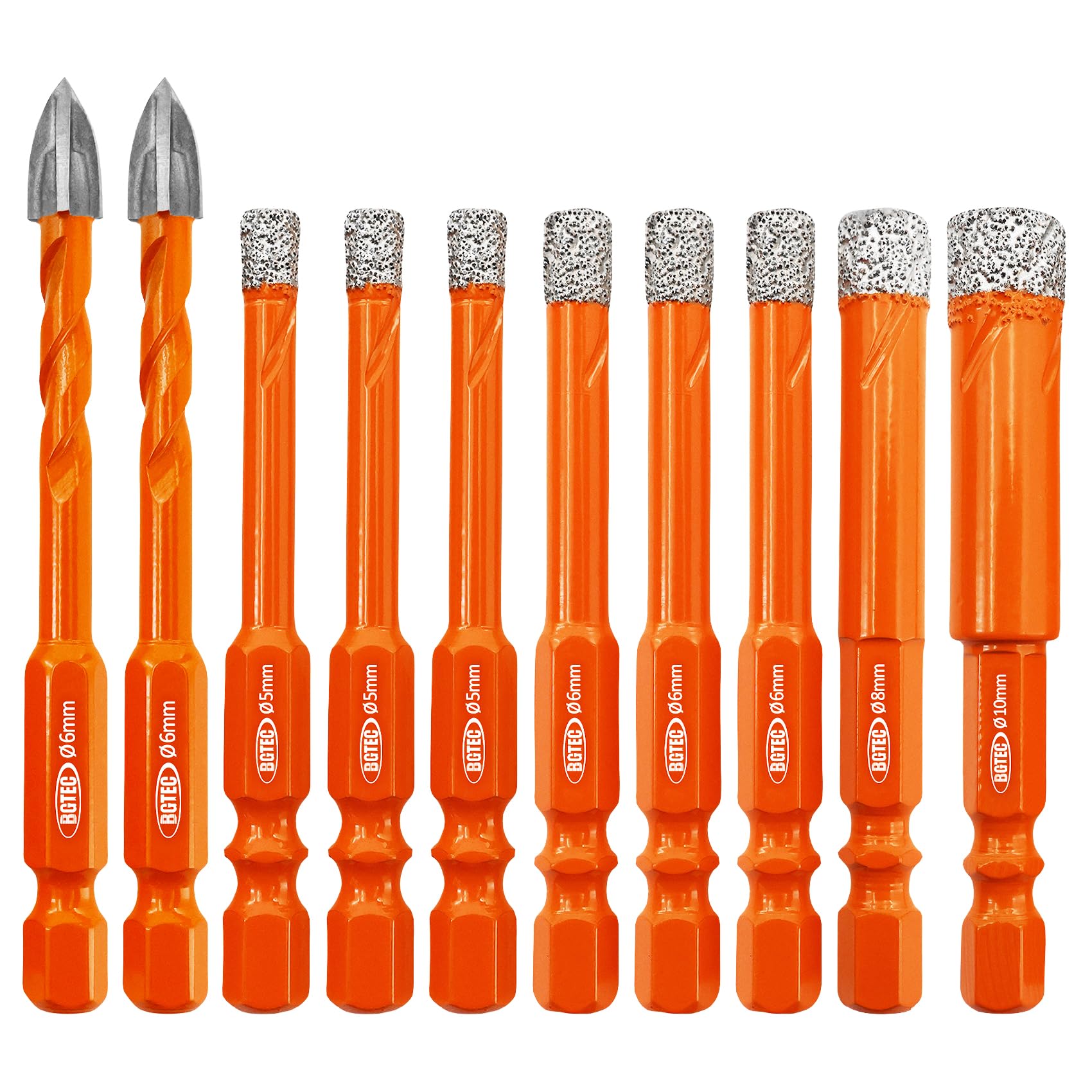 BGTEC Broca de diamante - 10 Piezas Brocas Porcelanico 5MM*3+6MM*3+8MM+10MM & 2 Piezas broca de metal duro de 6MM Mango Hexagonal para Cerámica Porcelánico Mármol Granito