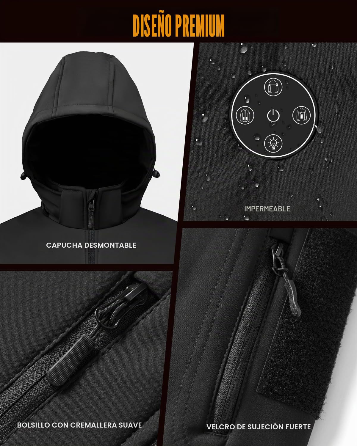 Chaqueta térmica para hombre con batería de 7,4 V y capucha desmontable, chaqueta térmica softshell impermeable para invierno al aire libre
