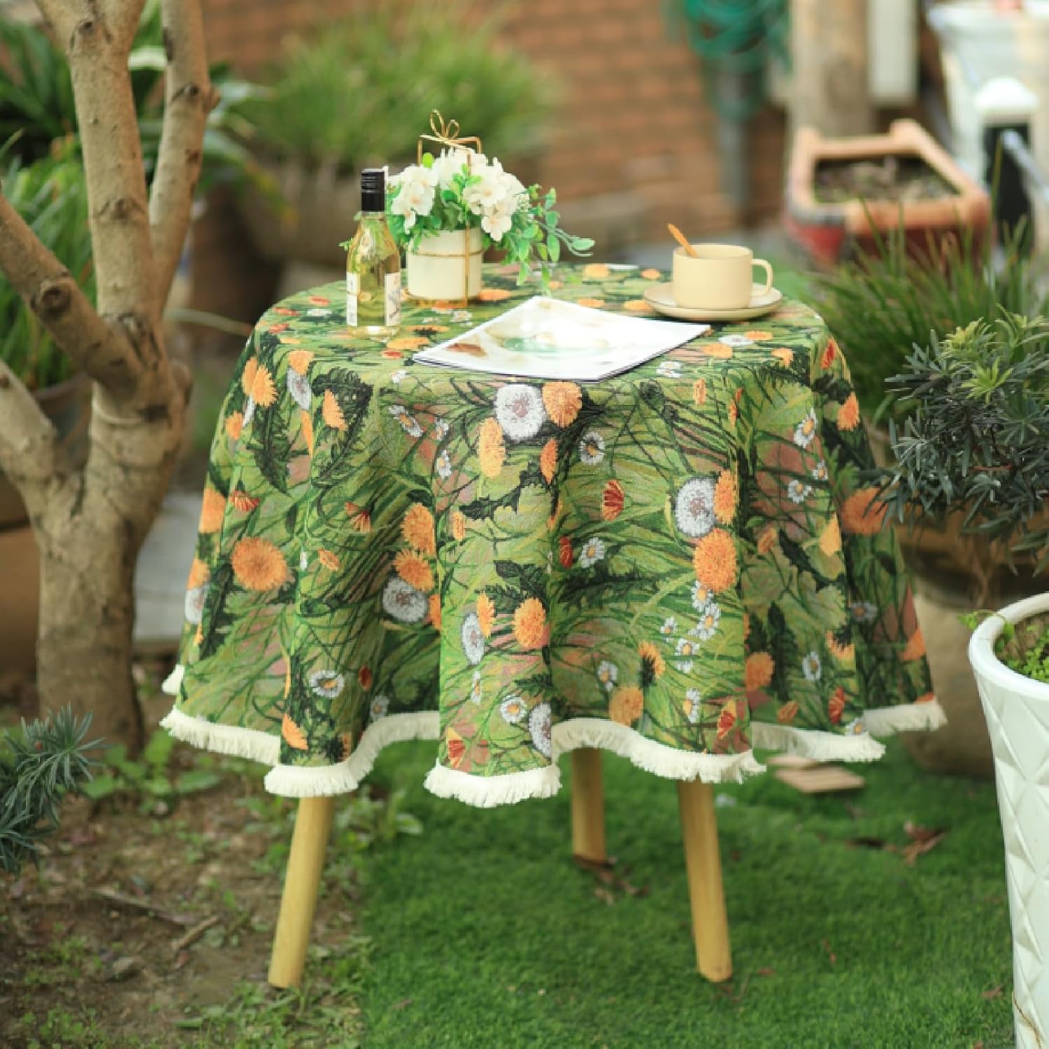Painting Art Spring Blossom Tablecloth with Tassel Edge, Retro Tablecloth, Thick Wrinkle Resistant Table Cover for Farmhouse, Chic City, Cafe, Boho Restraurant, Kitchen Dining Table, Buffet Parties