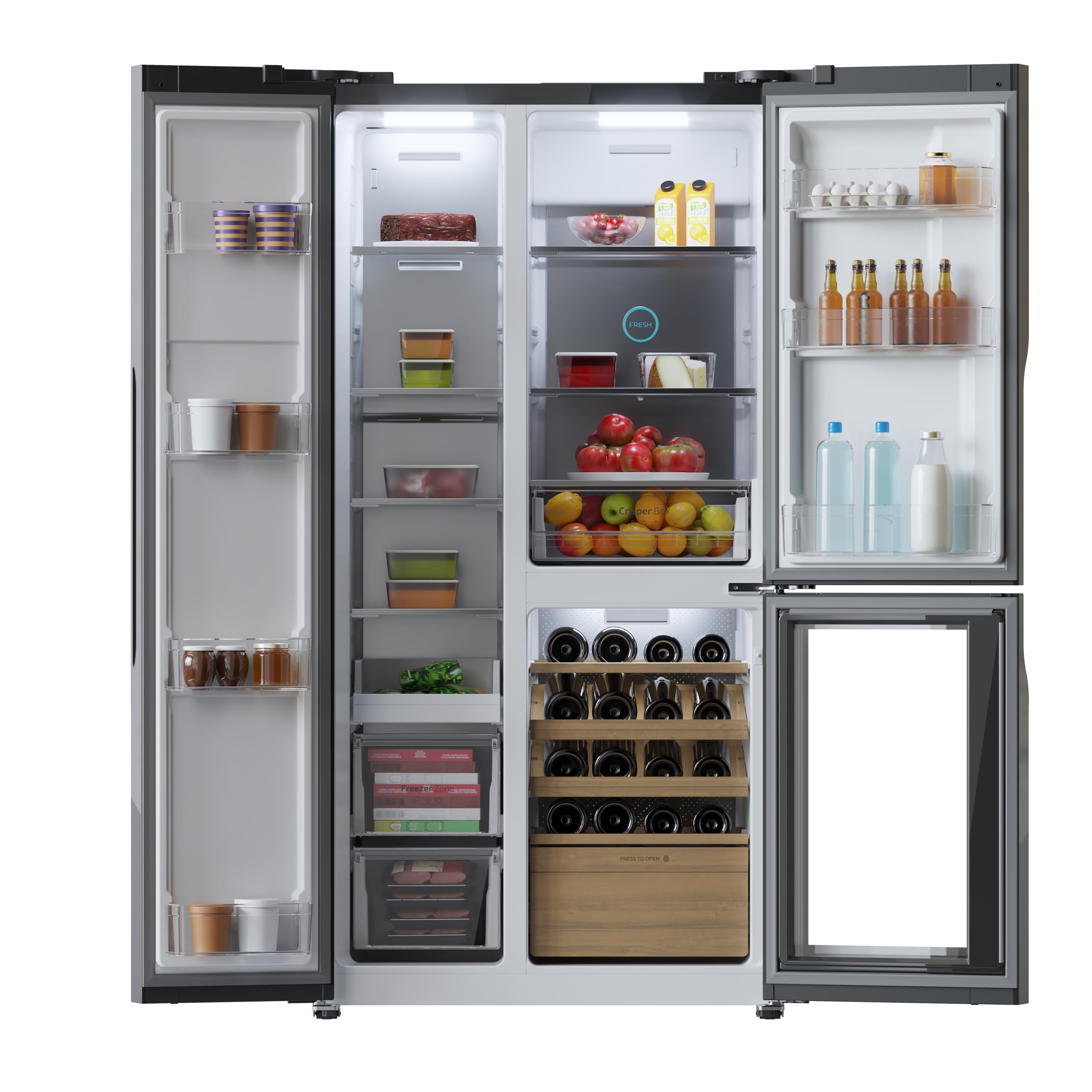 Cecotec Frigorífico 3 puertas Bolero CoolMarket TDW 548 Black Glass E, Clase E, 548 L, Diseño T Door, Compresor Inverter Plus, Total No Frost, Metal Cooling, Multi AirFlow, Fast Cooling & Freezing