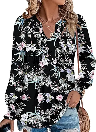 BETTE BOUTIK Long Sleeve Shirts for Women Fall Tops Dressy Blouses Pleated V Neck Tunic Tops for Leggings S-3XL