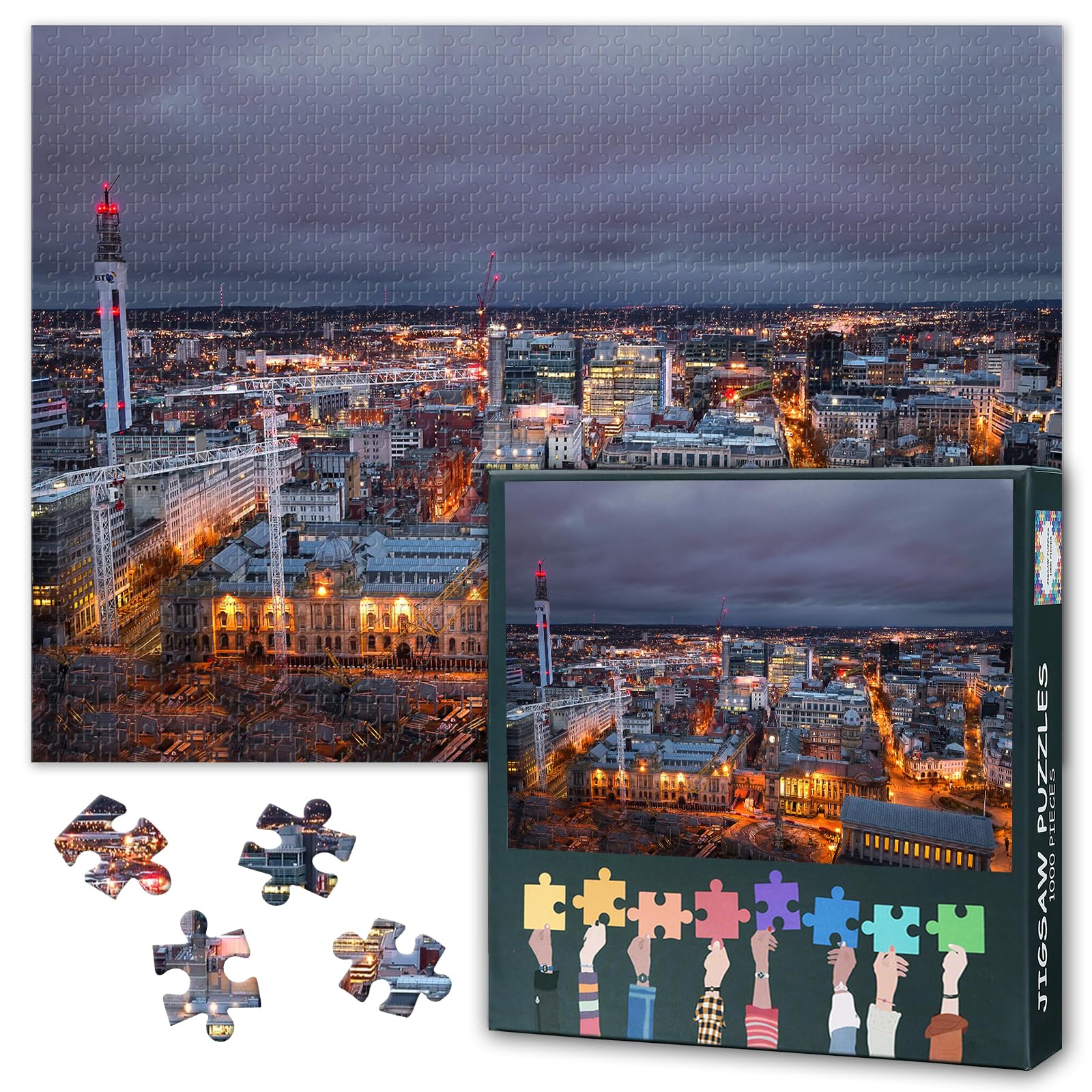 Birmingham Skyline Night Cityscape Jigsaw Puzzle 1000 Pieces for Adults Urban Landscape Puzzle Alabama City View Wall Decor for Living Room Home Decor Challenge 27.5x19.7 Inch — image 1