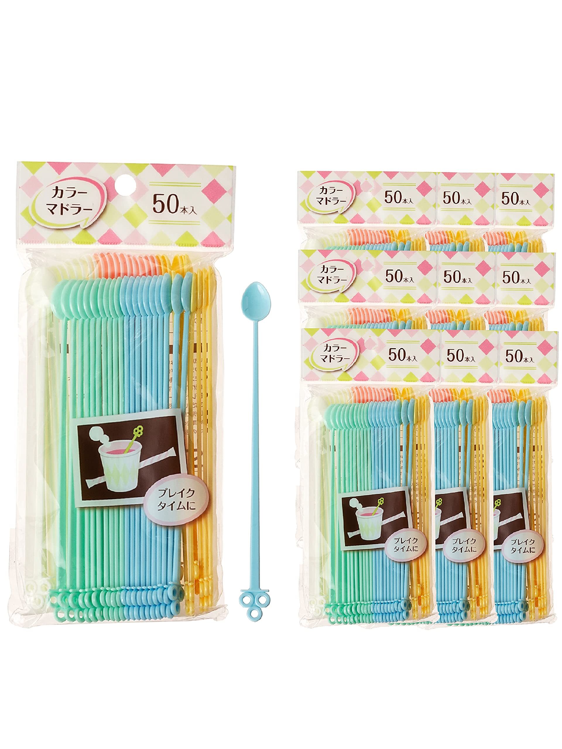 Strix Design MA-027 Color Muddler, Made in Japan, 50 Pieces x 10 Set, 5 Colors, 5.1 inches (13 cm), Muddler Spoon, Colorful, Commercial Use, White, Red, Yellow, Green, Blue