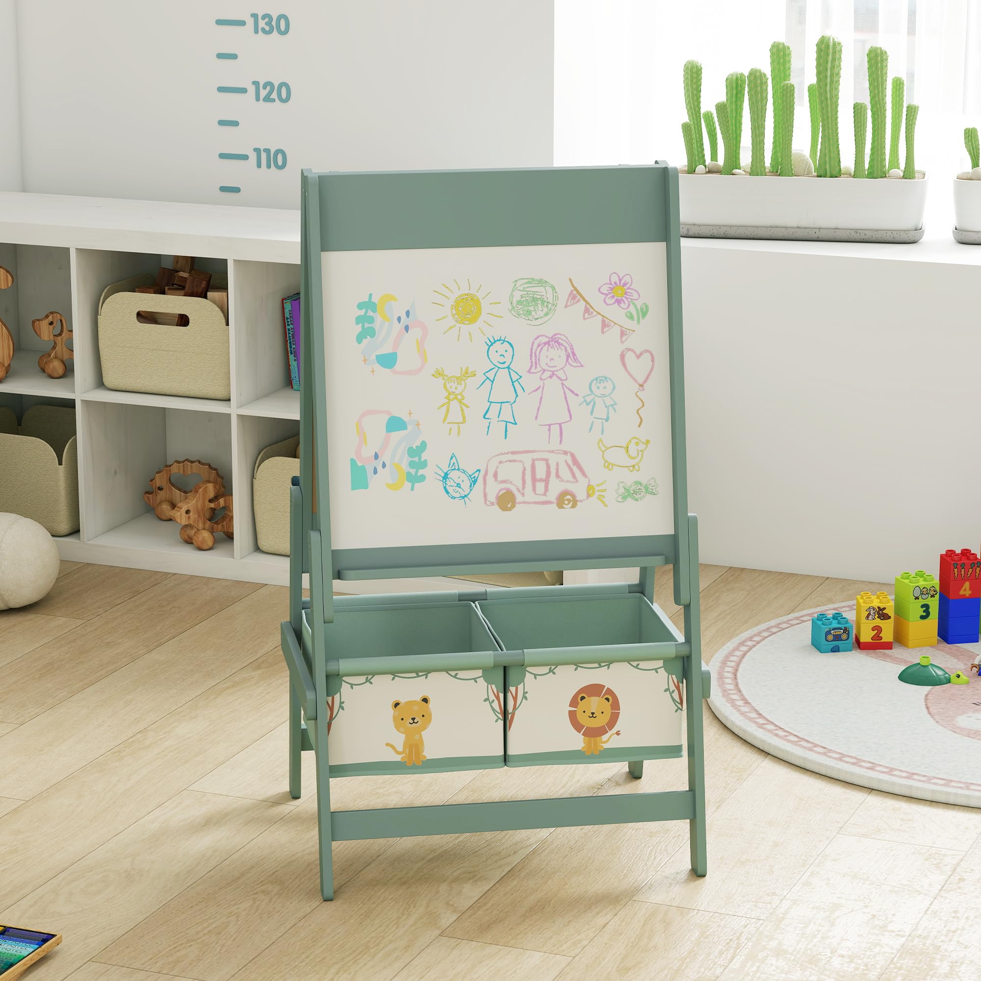 AIYAPLAY Lavagna per Bambini 3 in 1 con Rotolo di Carta e 2 Cestelli Portaoggetti, Lavagna con Cavalletto in Legno di Pino e MDF, 54x46x94 cm, Verde