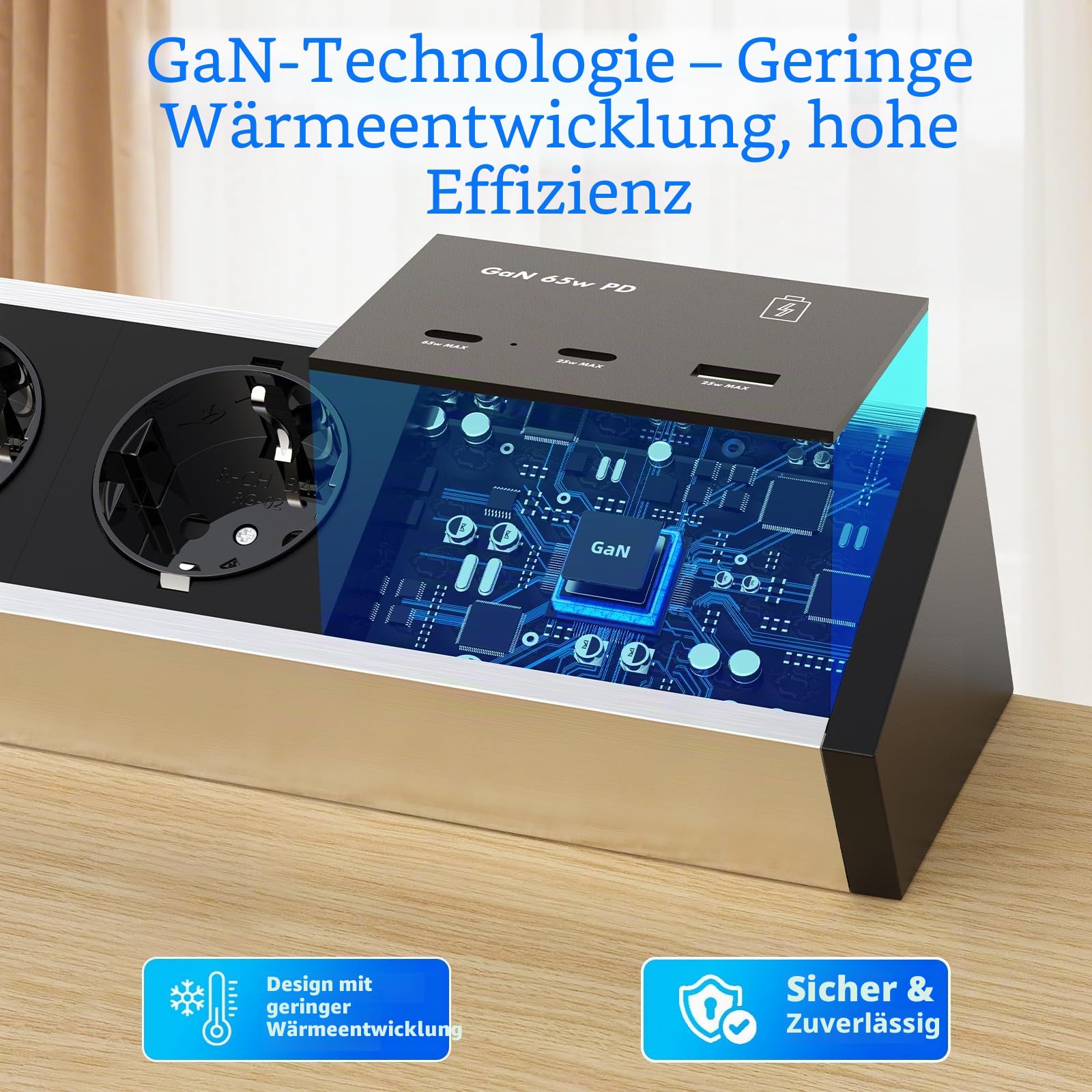 Tischsteckdose mit USB-C PD 65W GaN, 3-Fach, zum Anklemmen