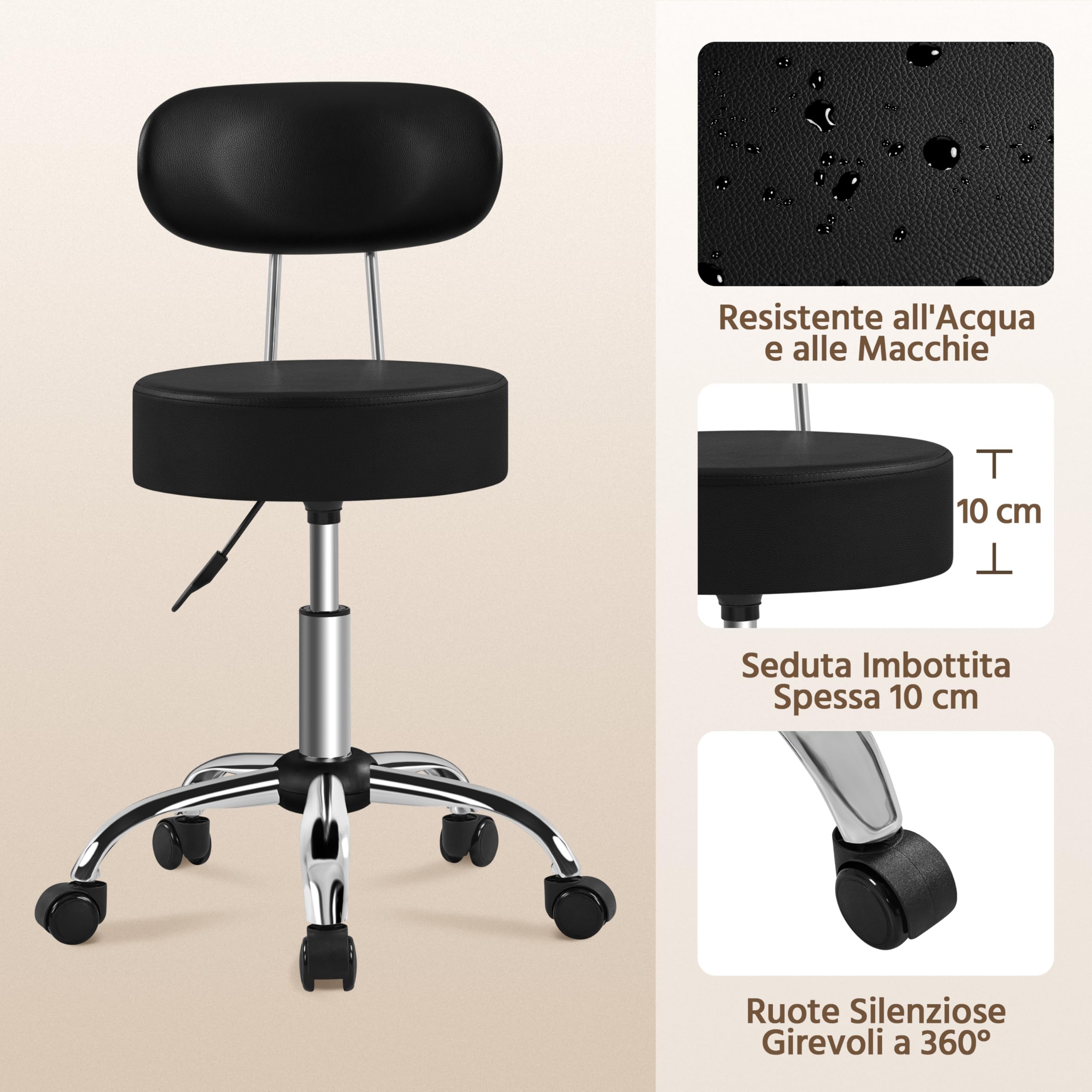 Yaheetech Sgabello Girevole con Schienale Rotelle e Base Larga Sgabellino in Similcuoio Altezza Regolabile per Estetista Spa e Salone (Nero)