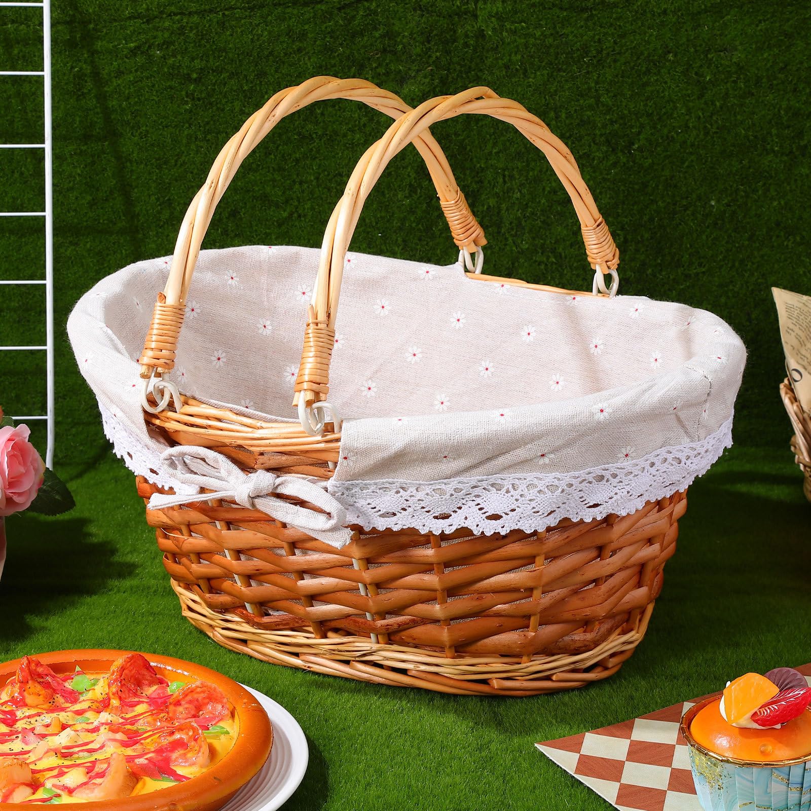 Handgeflochtener Weidenkorb mit Henkel und Futter Blumenkorb für Hochzeiten und Partys Vielseitiger Aufbewahrungskorb in Khaki für Picknick und Dekoration