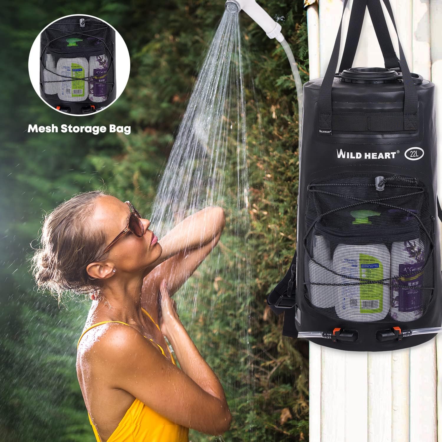 WILD HEART Camping Shower 22L/ 12L Portable Shower for Camping with Pressure Foot Pump and Hose - Solar Shower Bag Backpack for Camping, Road Trip & Outdoor Use