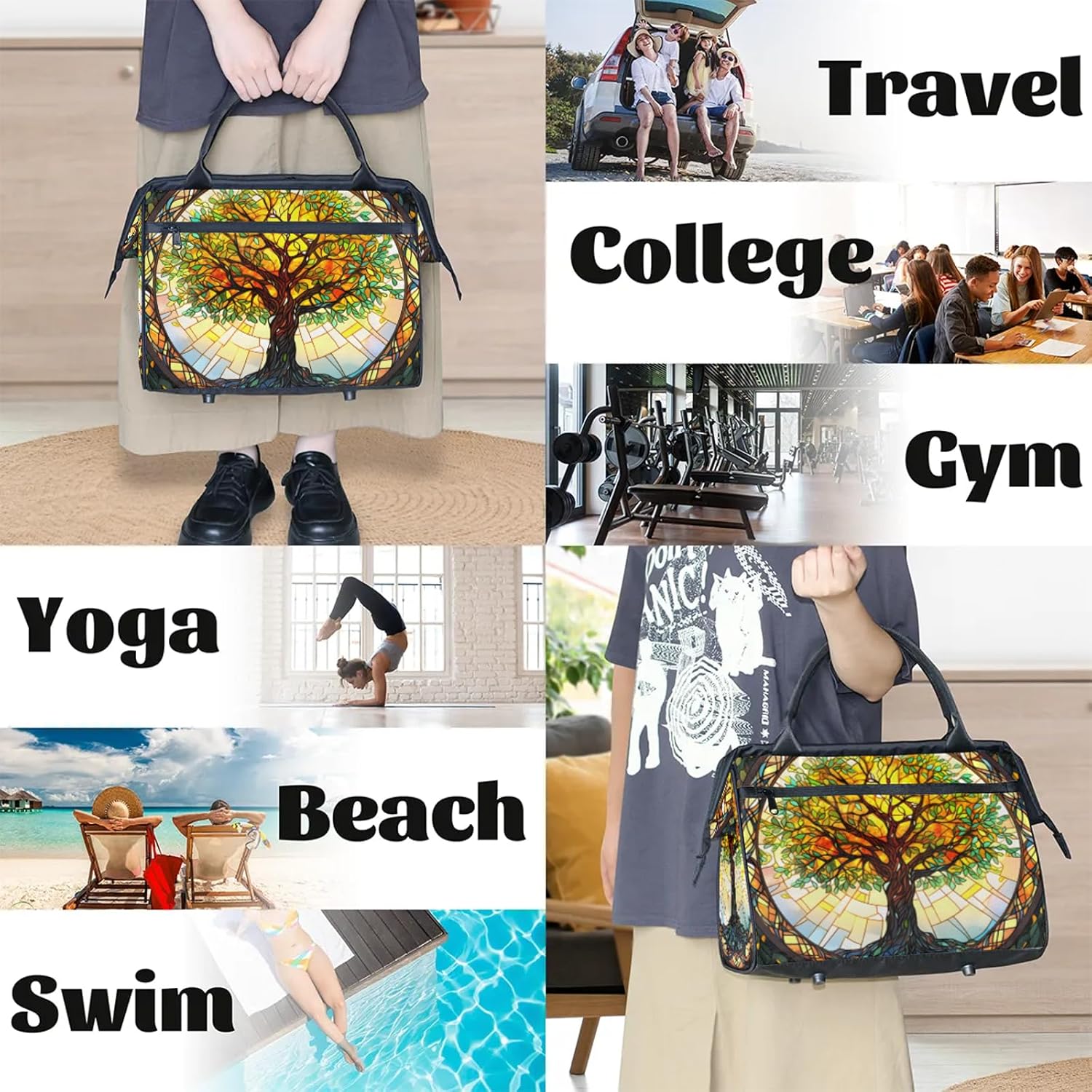 Overnight Weekender Bag for Women Men Window Art Tree Waterproof Carry On Travel Duffel Bags with Zipper Lightweight Sports Gym Bag Luggage Workout Handle Bags for Traveling Yoga Camping