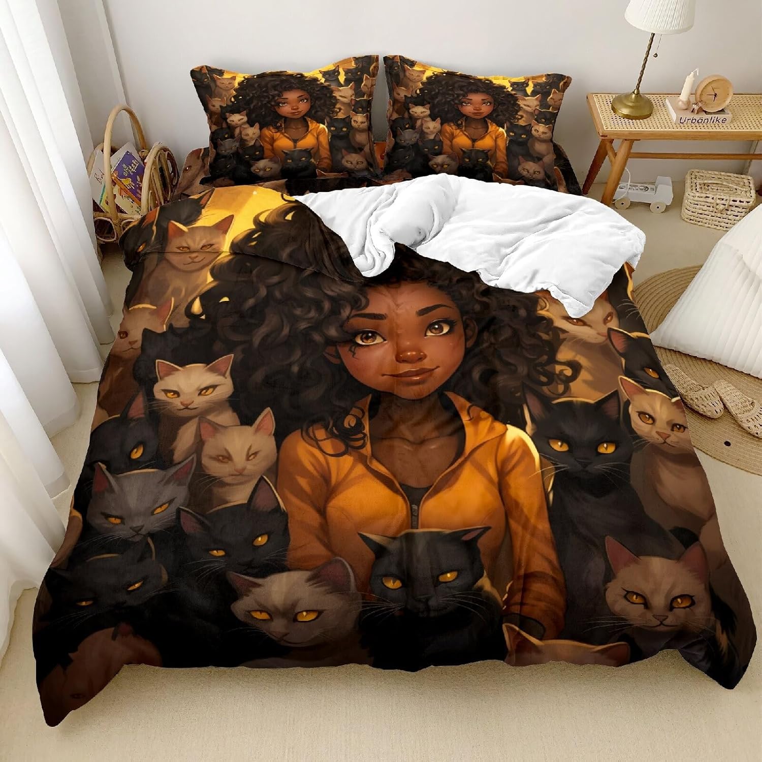 Black Girl Velvet Duvet Cover Set Twin for Girls, Black Girl Magic Velvet Duvet Cover Set for Black Women, Black Tangerine White Bedding Set, African American Girl Bed Bedroom Set