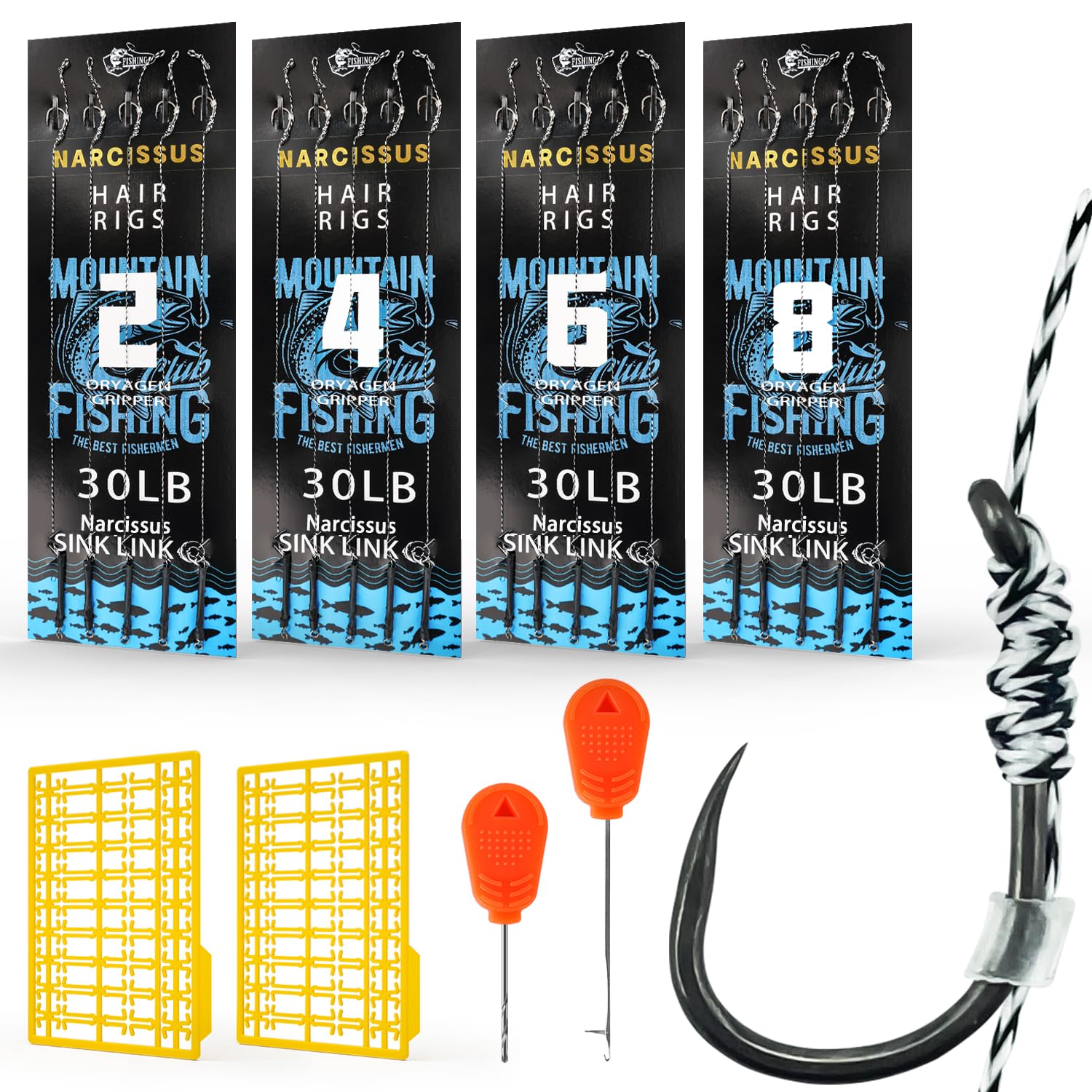 Narcissus 24pcs Carp Hair Rigs – Pre-Tied Bait Rigs with 24 cm Braided Line, Teflon-Coated Hooks (#2, #4, #6, #8), Boilie Stops Included