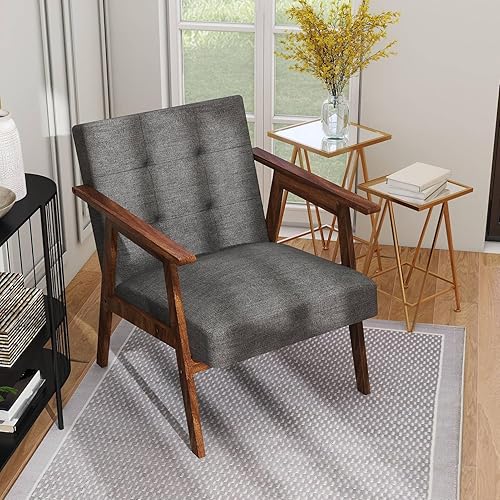 Miniatura 9 de TARSHYRY Silla decorativa de mediados de moda, sillón tapizado de lino con marco de madera de goma y cojín suave, cómoda silla de descanso para sala