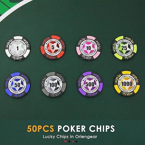 Miniatura 4 de ORIENGEAR Fichas de póquer de arcilla profesional, 50 piezas de 0.49 oz de compuesto de arcilla con denominación clara, fichas numeradas para juegos