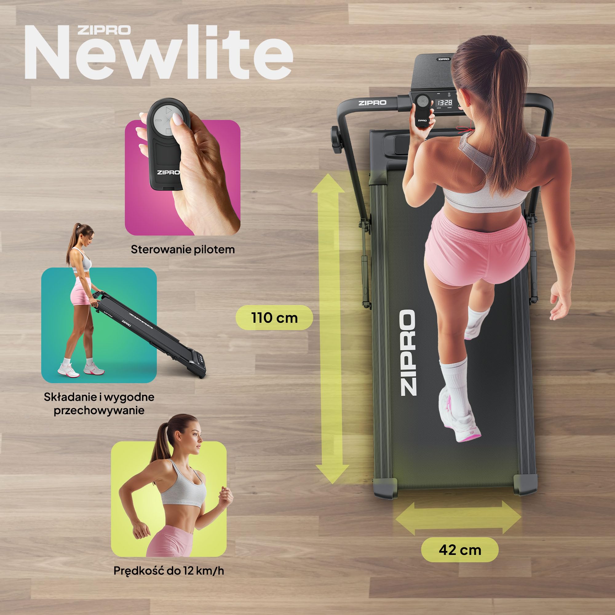 ZIPRO Newlite Bieżnia Elektryczna Składana, WalkingPad, Dwa Tryby Pracy, Składana Konstrukcja FlatFold, Prędkość 1-10 km/h, Waga Użytkownika do 110 kg, Amortyzacja Easy Walk, Wyświetlacz LED