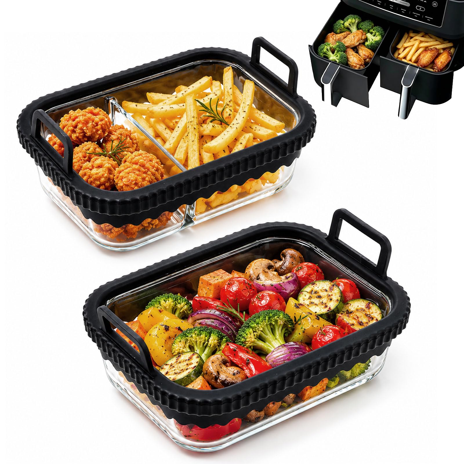 2er Set Accesorios Airfryer – Molde de Vidrio para Ninja AF400EU/DZ400EU/AF500EU/COSORI, Dividido y No Dividido, con Anillo de Silicona Desmontable y Asa – Recipiente Cristal Air Fryer