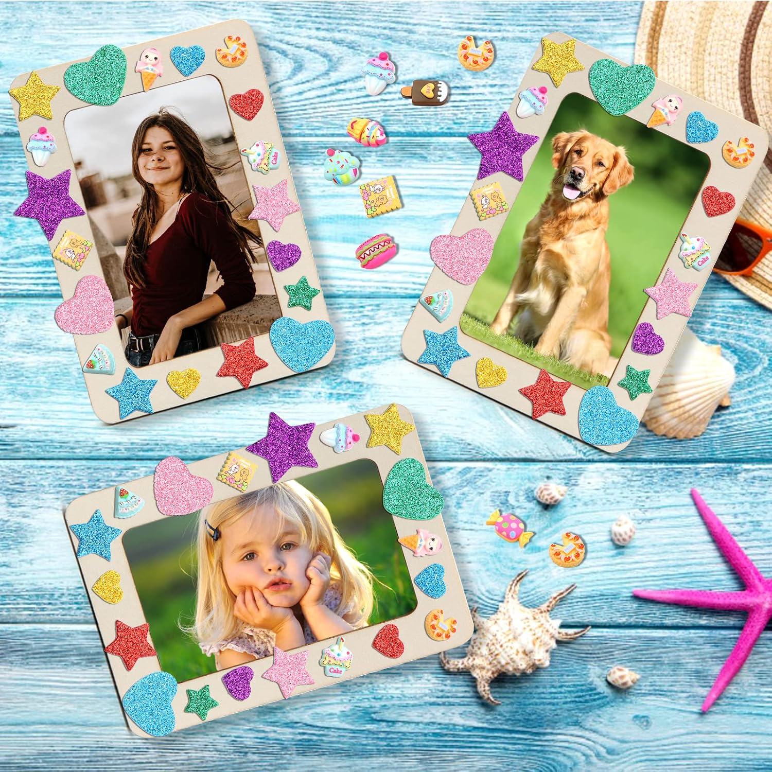 ZYNERY 6 Pack Picture Frame Painting Craft Kit, 7.5 x 5.5 inch DIY Unfinished Wooden Photo Frames with Painting Tools Set, Hearts Stars Eva Sticke, Resin Accessories for Kids Craft, Paint