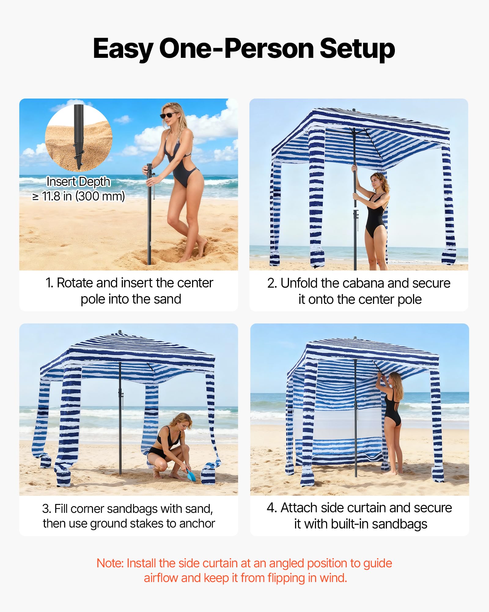 VEVOR Cabaña de Playa con Panel Lateral, Protección Solar UPF 50+, Sacos de Arena, Sombrilla Portátil para Disfrutar en Familia y con Amigos, Rayas Azul Marino y Blanco, 1830 x 1830 x 2290 mm