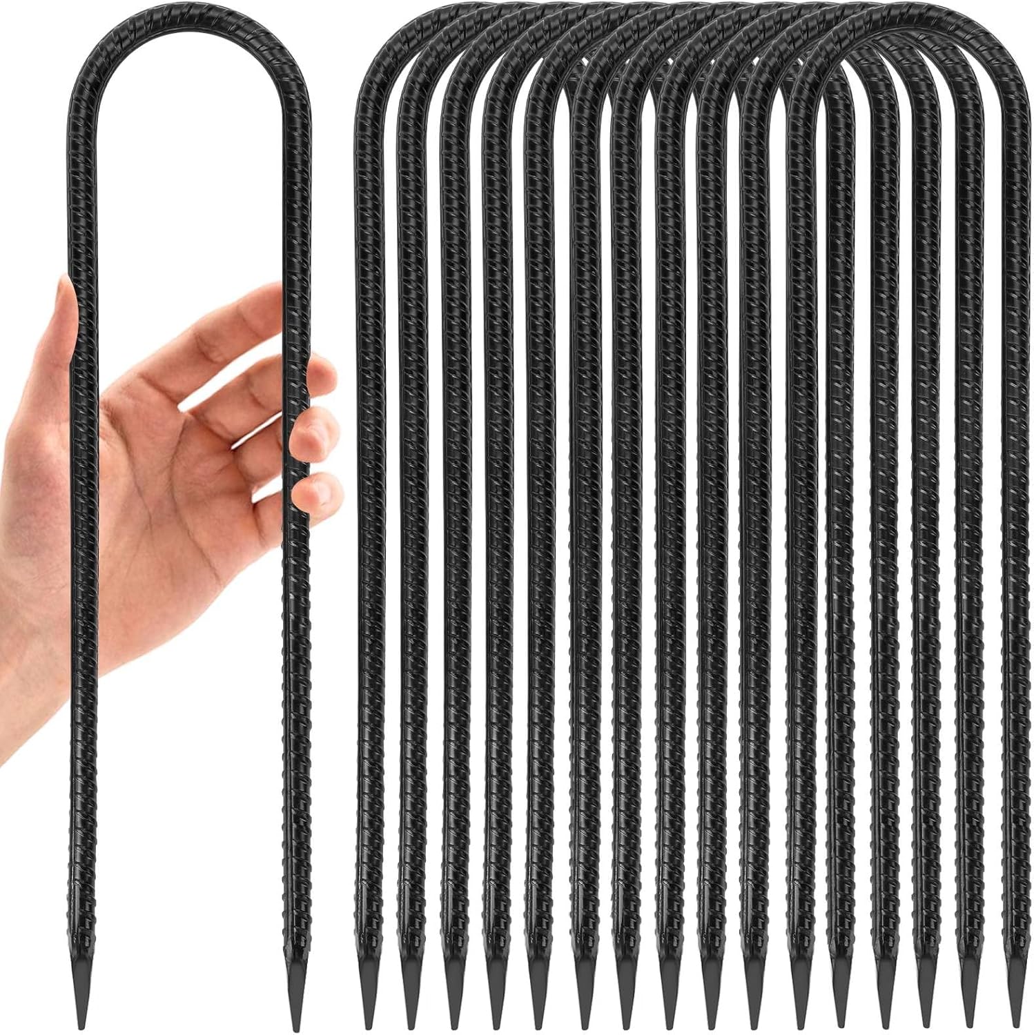 Kiivakii 12 in 12 Pack Trampoline Stakes, U Shaped Trampoline Anchors High Wind Heavy Duty, Trampoline Anchor Kit, Steel Stakes for Trampolines, Outdoor Canopies, Camping Tents, Football Goal, Black