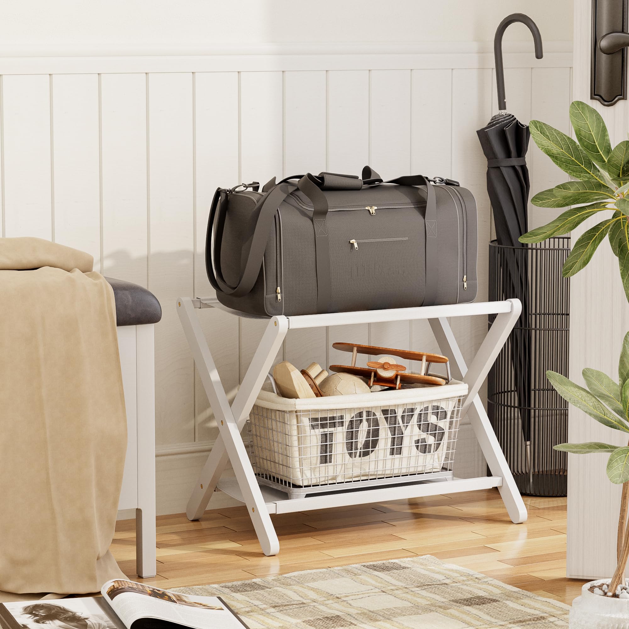 Portaequipajes, Juego de 2, Soporte plegable para maletas con estante de almacenamiento, Portaequipajes de bambú premium para habitación de invitados, hotel, Soporta hasta 61 kg (Blanco)