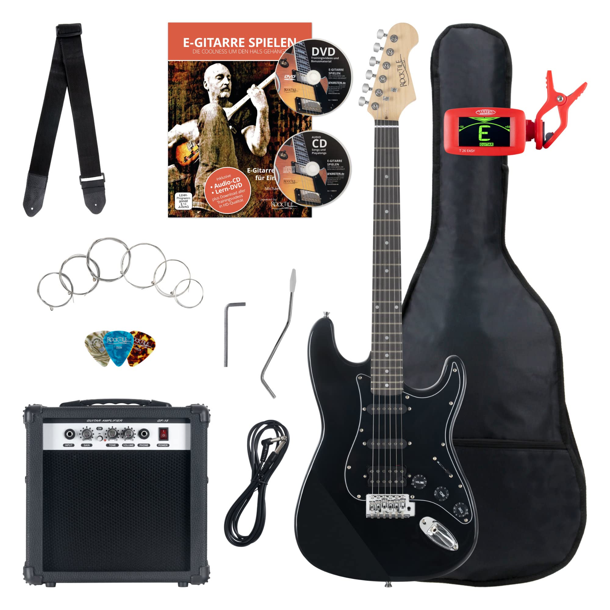 Rocktile ST-Pack Komplettset Power E-Gitarre Schwarz (Verstärker, Stimmgerät, Tremolo, Tasche, Kabel, Gurt, Plecs, Ersatzsaiten und Schule mit CD/DVD)