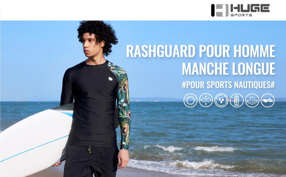 Rashguard Compression Homme HUGE SPORTS - Manches Longues Séchage Rapide Surf Natation