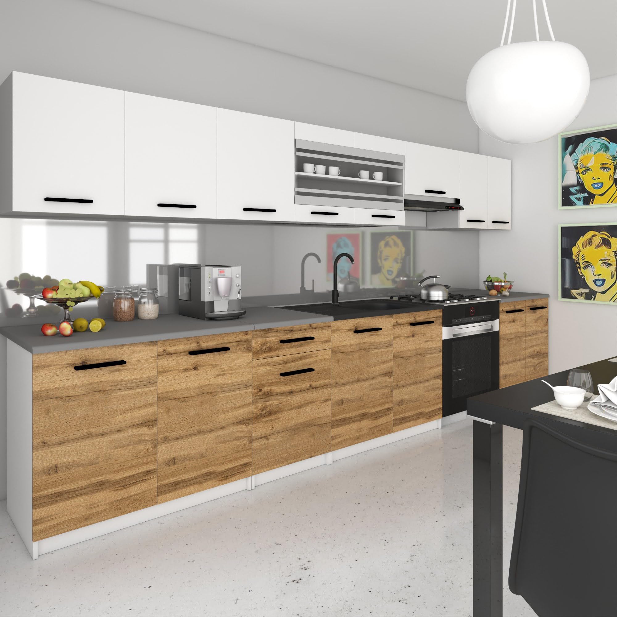 Belini Italia 3 Liniowa szafka kuchenna 320 cm biało-brązowy złoty matowy | ECONATURA DECOR Liniowa szafka kuchenna, szafka, bez sprzętu AGD, z blatem roboczym