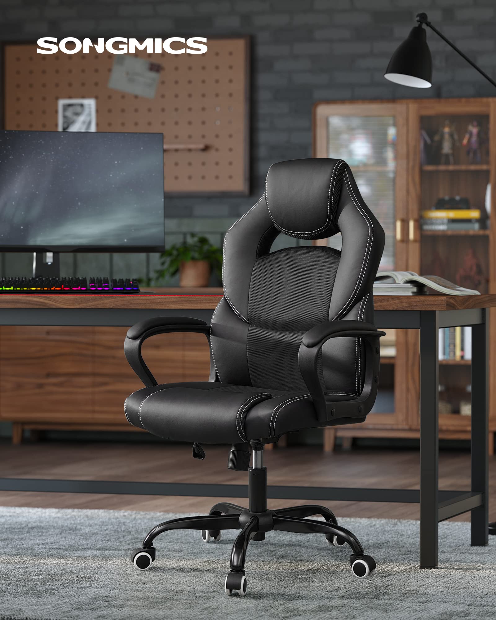 Chaise Gaming SONGMICS - Ergonomique Avec Coussin à Ressorts, Repose-pieds Et Accoudoirs Synchrones - Support 150 Kg - Noir