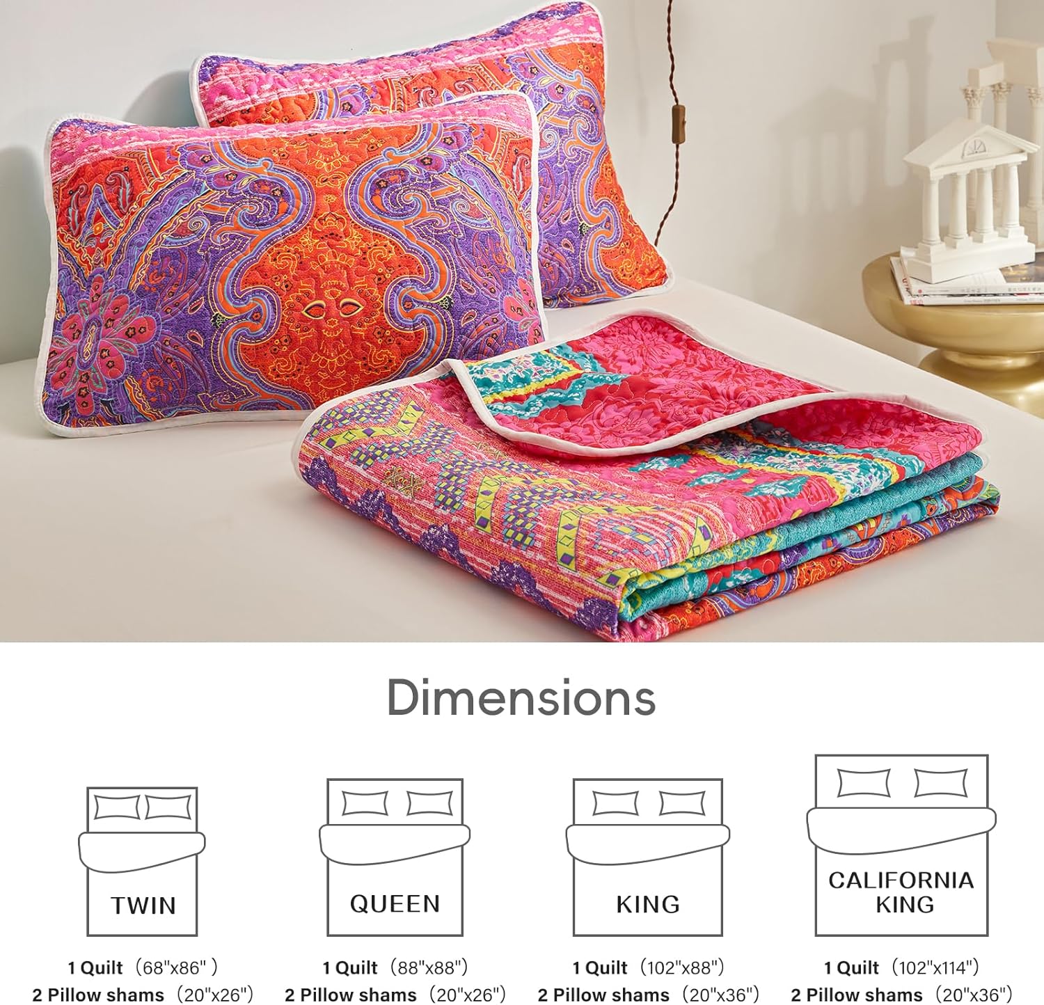 Flysheep 3 Pieces Colorful Boho Quilt Set Full Queen Size, Bohemian Striped Pink n Teal Printed Bedding Bedspread Coverlet Set for Summer, Soft Lightweight Microfiber Quilt with 2 Shams (88x88 inces)