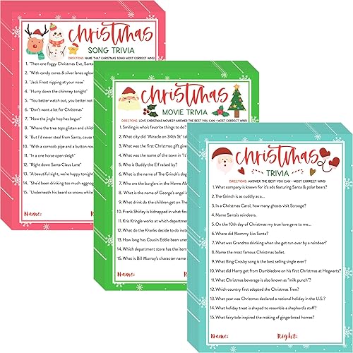 KMLIFE 63 tarjetas de juego de trivia de Navidad, 3 temas, actividades de adivinanzas navideñas para adultos, familias, amigos, niños, grupos y