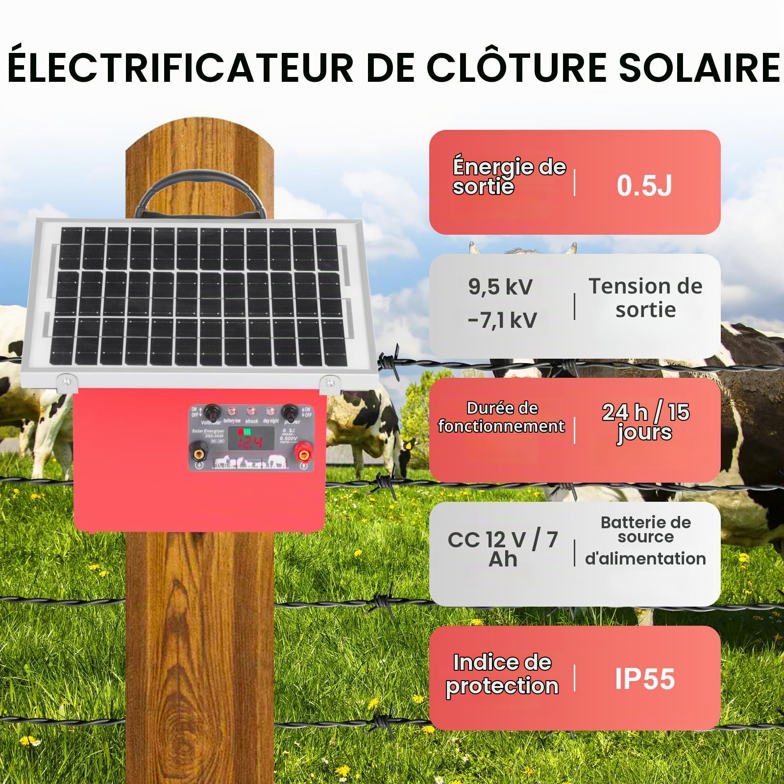 32KM cloture electrique solaire cloture electrique, 9,5 kV berger électrique Contrôleur pour chevaux, clôture électrique 0,5 J pour élevage d'animaux de berger, pour ferme, pâturage, jardin (Red)