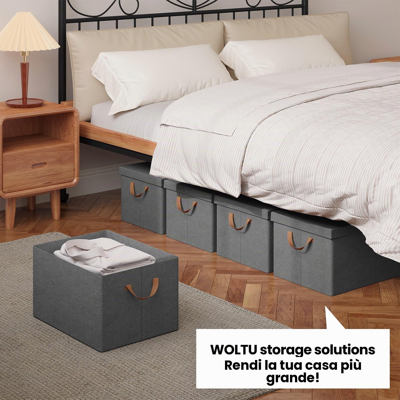 WOLTU Scatole portaoggetti in Tessuto 6 Pezzi, Contenitori pieghevoli con Coperchio e Maniglie, per Vestiti da Armadio, Grigio, 43x33x26cm