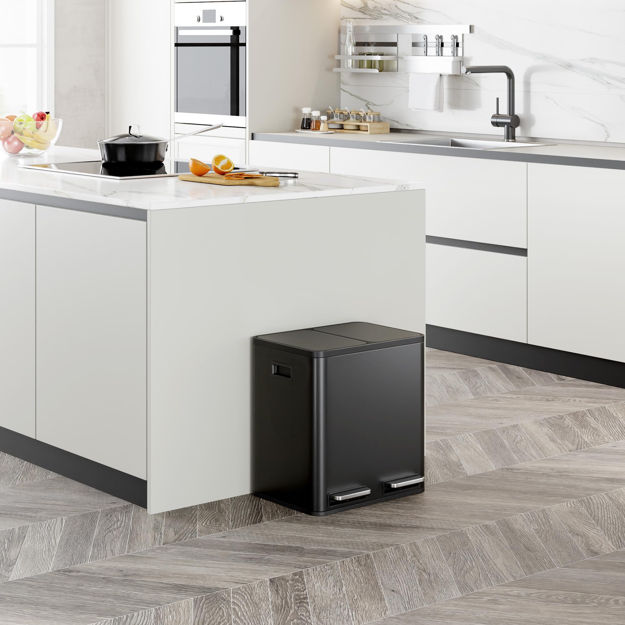 VonHaus Mülleimer 30L, Mattschwarz, Küchenmülleimer 2 Fächer, Doppelmülleimer 2 x 15L, Mülltrennsystem, Rutschfester Standfuß, Herausnehmbare Inneneimer, Luftdichter Abfalleimer