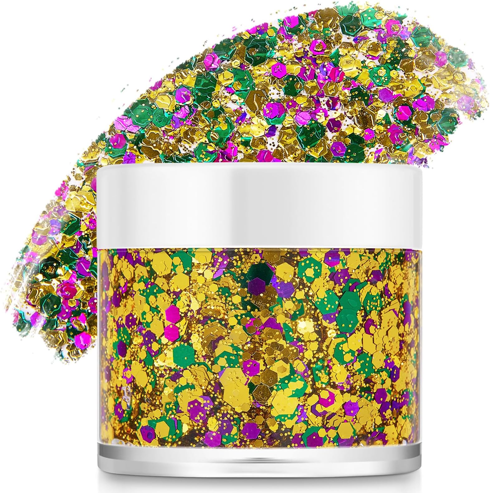 Mardi Gras Gold Hair Face Glitter,Mardi Gras Outfit for Women,Green Purple Gold Mixed Holographic Self-Adhesive Body Glitter,Festival Chunky Sequins Carnival Costume New Orleans Decorations