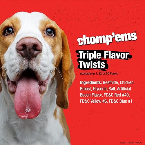 Miniatura 5 de CHOMP 'EMS Palitos giratorios de cuero crudo de triple sabor Masticables para perros de piel de res, 50 unidades