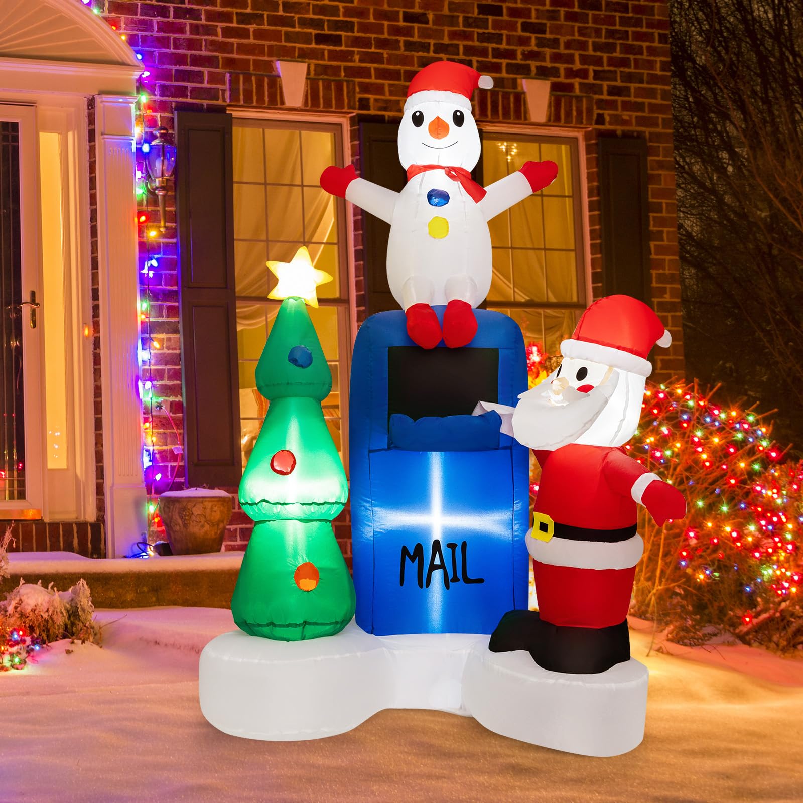 COSTWAY Décoration Gonflable de Noël 185cm avec Lumières LED | Décoration Père Noël Boîte aux Lettres et Bonhomme de Neige avec Sac de Sable pour Fêtes Intérieur/Extérieur